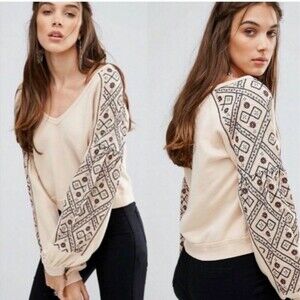 Free People Senorita Embroidered Puff Sleeve Cropped Oversized V-Neck Sweater